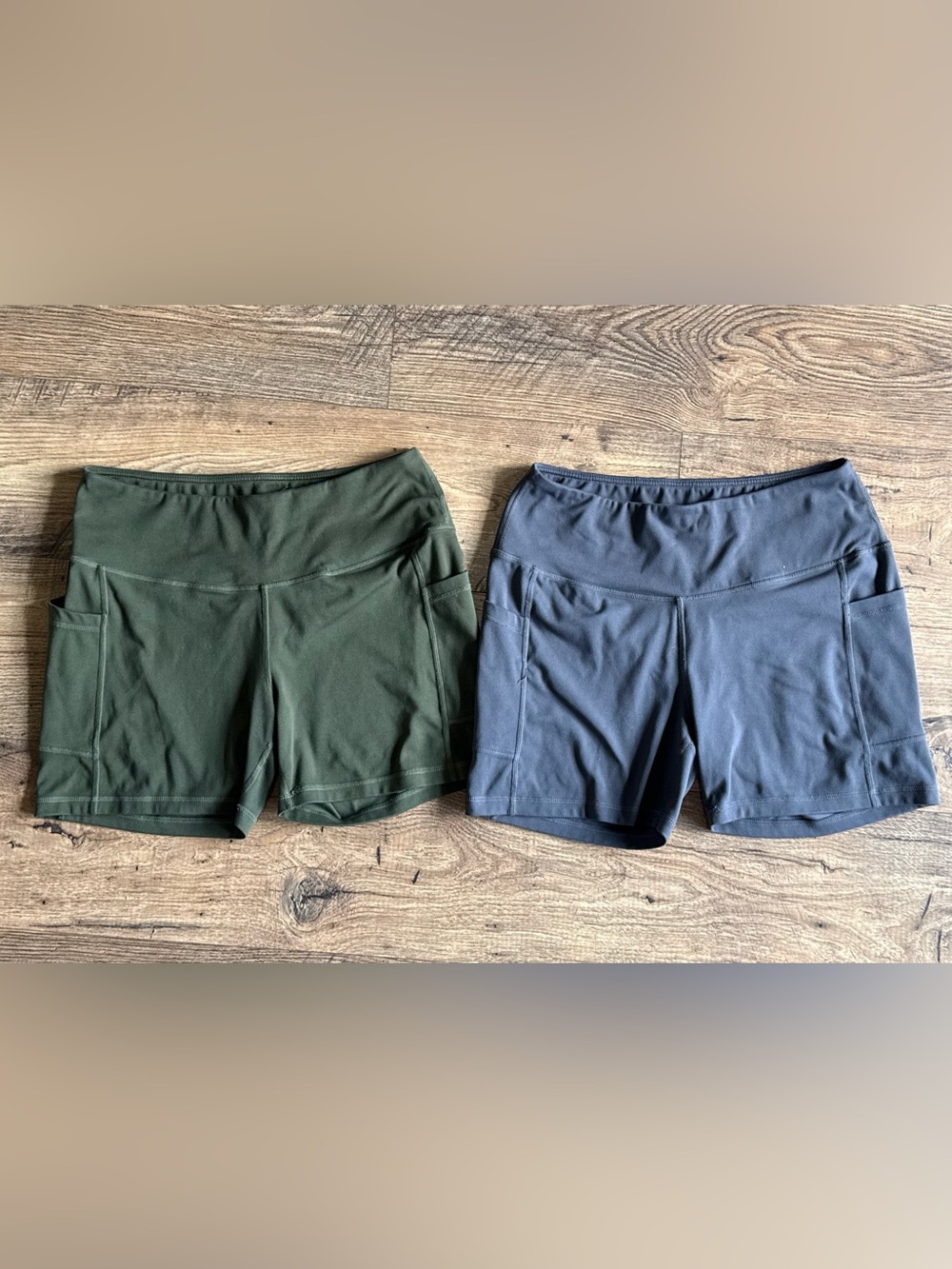 Mid Rise Athletic Biker Shorts with Pockets, 2 pack — Olive Green & Gray